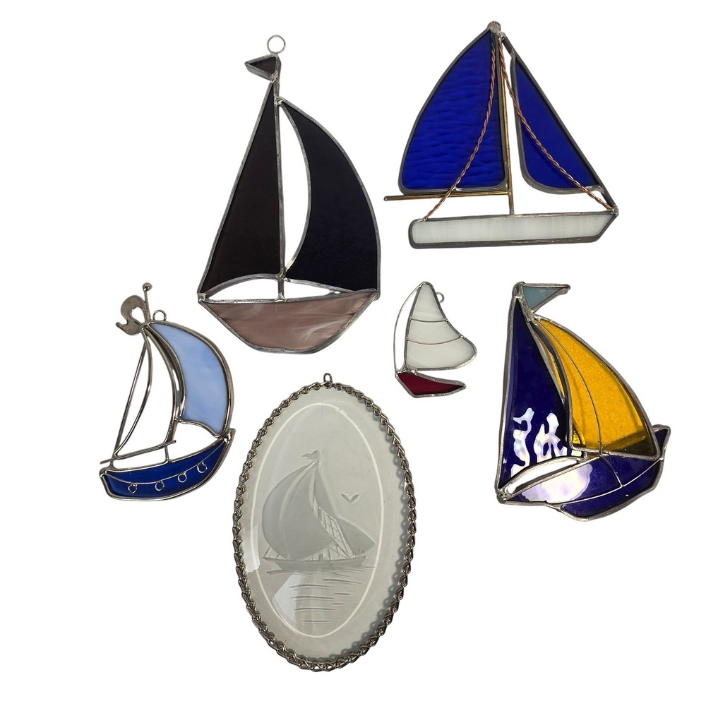 Vintage Stained Glass Sailboat Suncatcher Lot Nautical Coastal Decor Set of 6